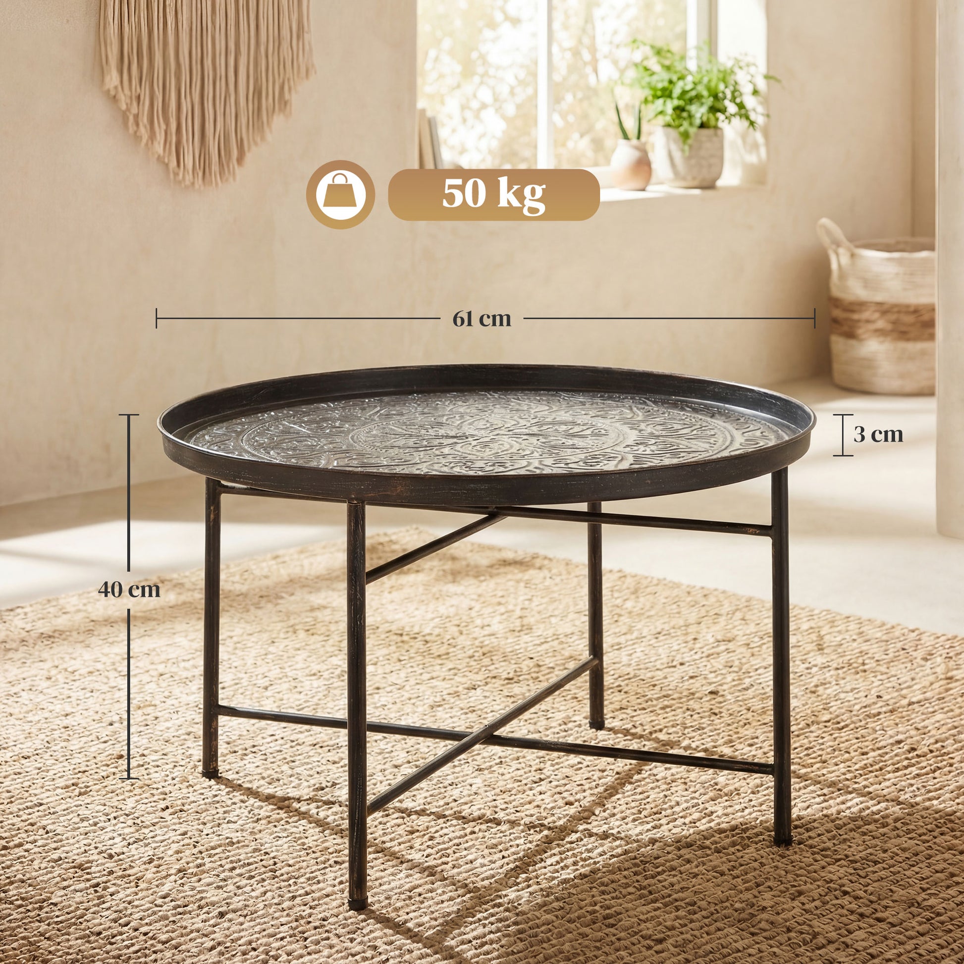 24" Round Coffee Table - Hammered Tray Top Pewter Metal-Home Furnishings > Living Room Furniture > Coffee Tables-DECOROLALA