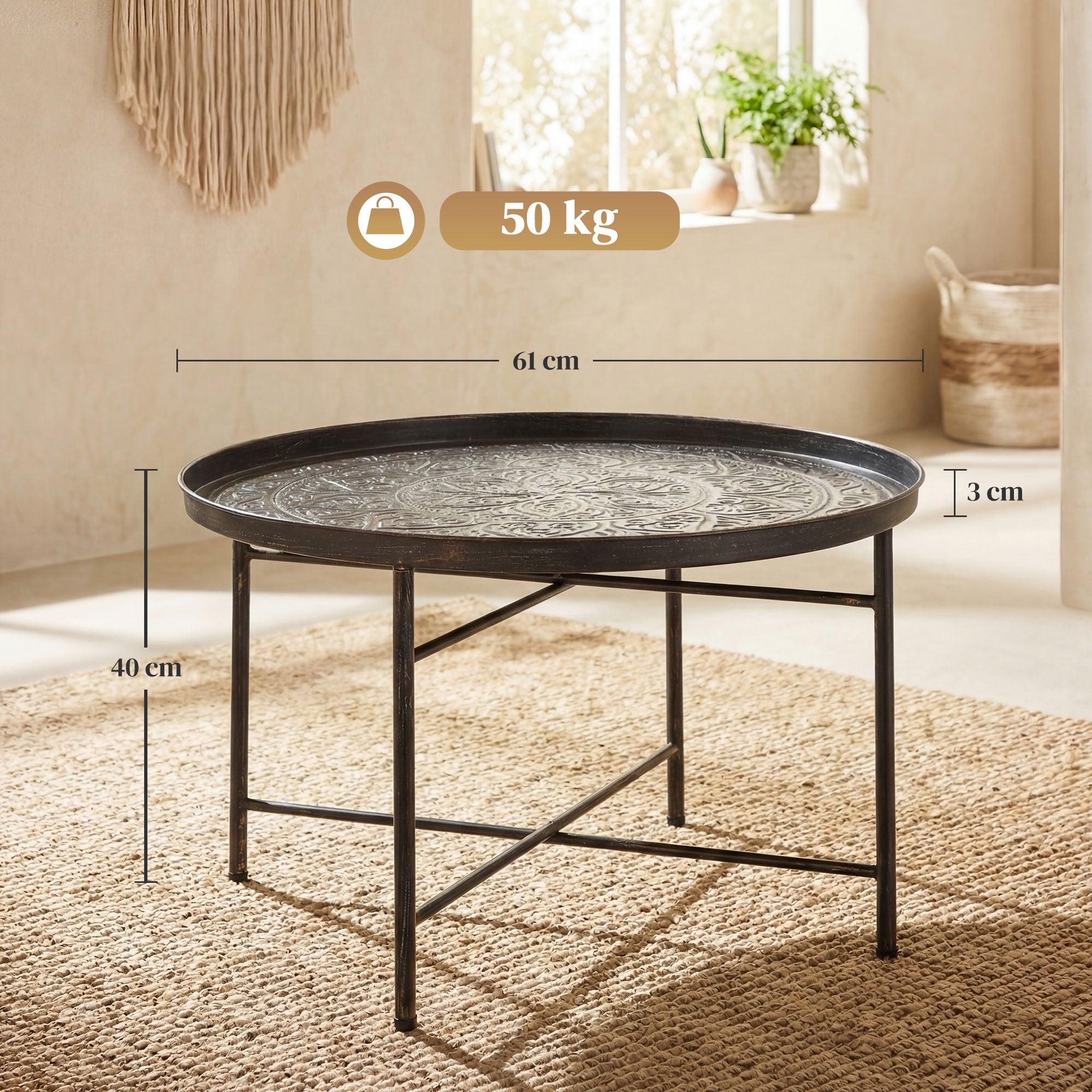 24" Round Coffee Table - Hammered Tray Top Pewter Metal-Home Furnishings > Living Room Furniture > Coffee Tables-DECOROLALA
