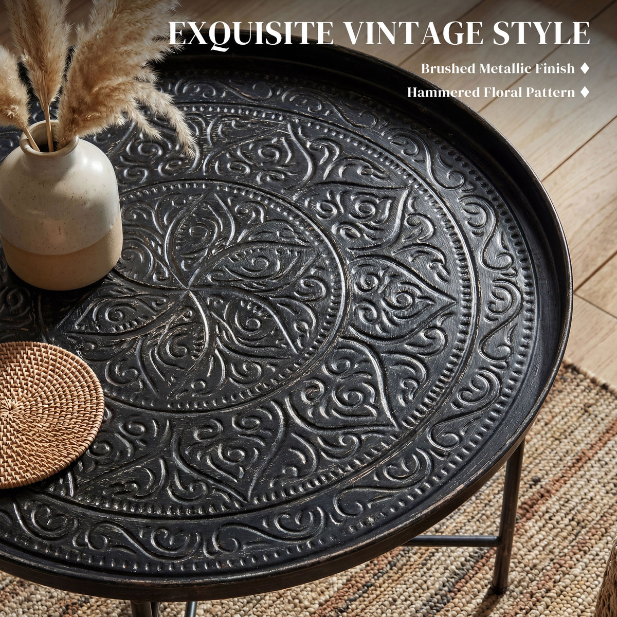 24" Round Coffee Table - Hammered Tray Top Pewter Metal-Home Furnishings > Living Room Furniture > Coffee Tables-DECOROLALA