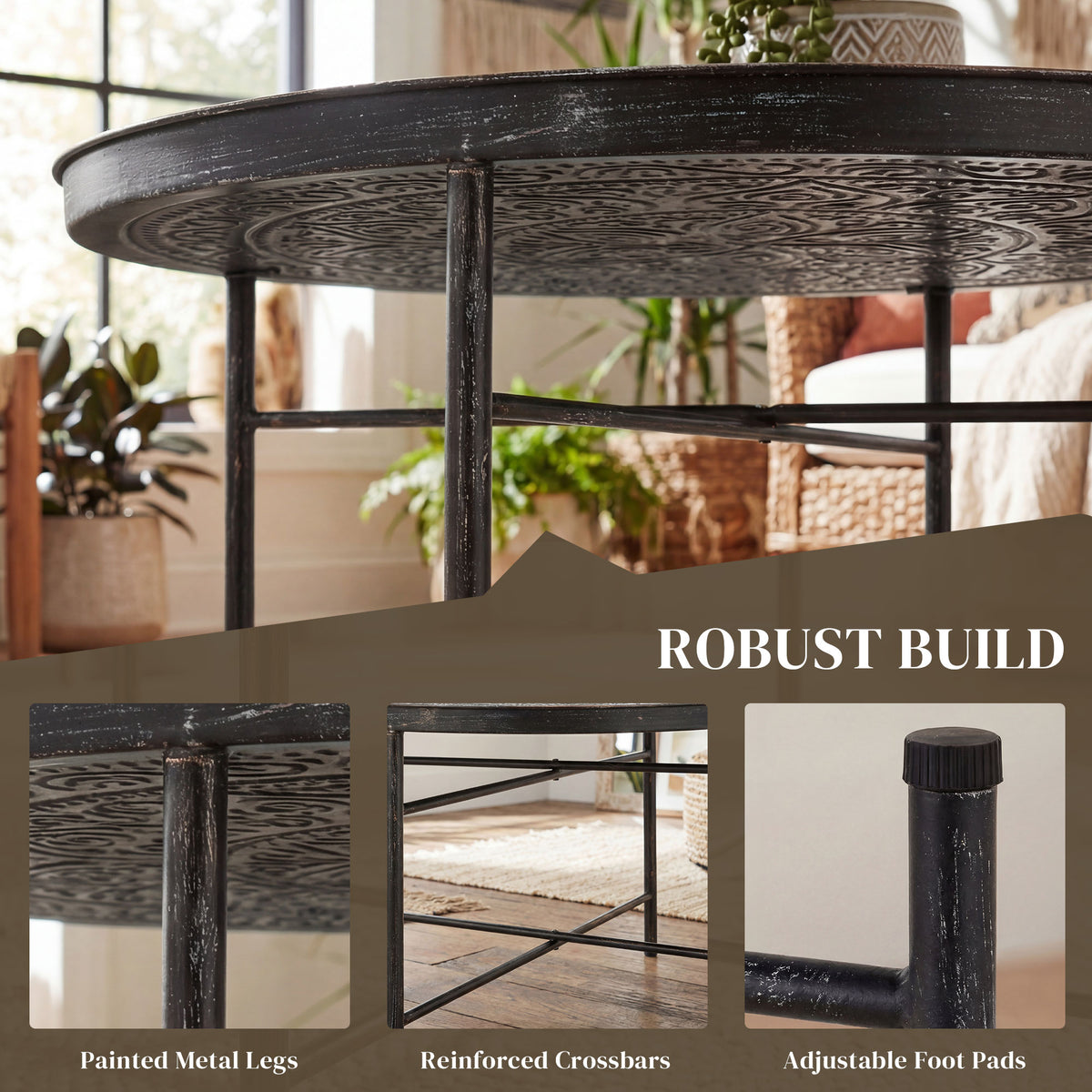 24" Round Coffee Table - Hammered Tray Top Pewter Metal-Home Furnishings > Living Room Furniture > Coffee Tables-DECOROLALA