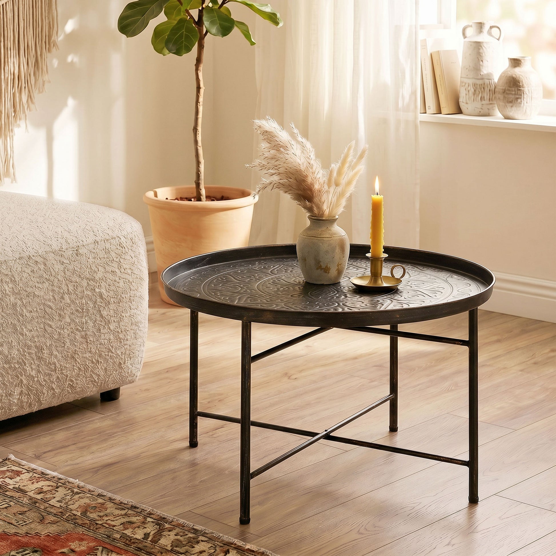 24" Round Coffee Table - Hammered Tray Top Pewter Metal-Home Furnishings > Living Room Furniture > Coffee Tables-DECOROLALA