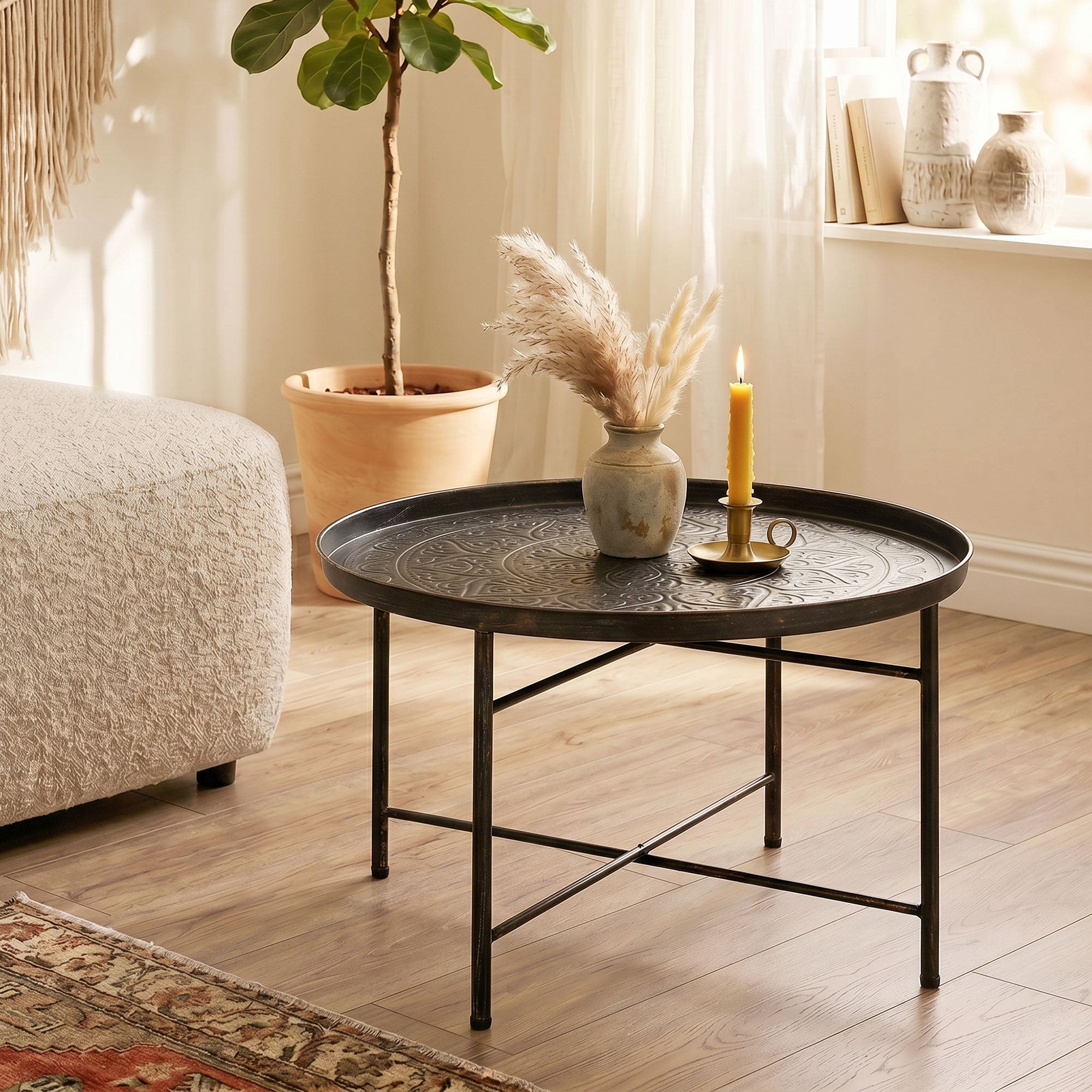 24" Round Coffee Table - Hammered Tray Top Pewter Metal-Home Furnishings > Living Room Furniture > Coffee Tables-DECOROLALA