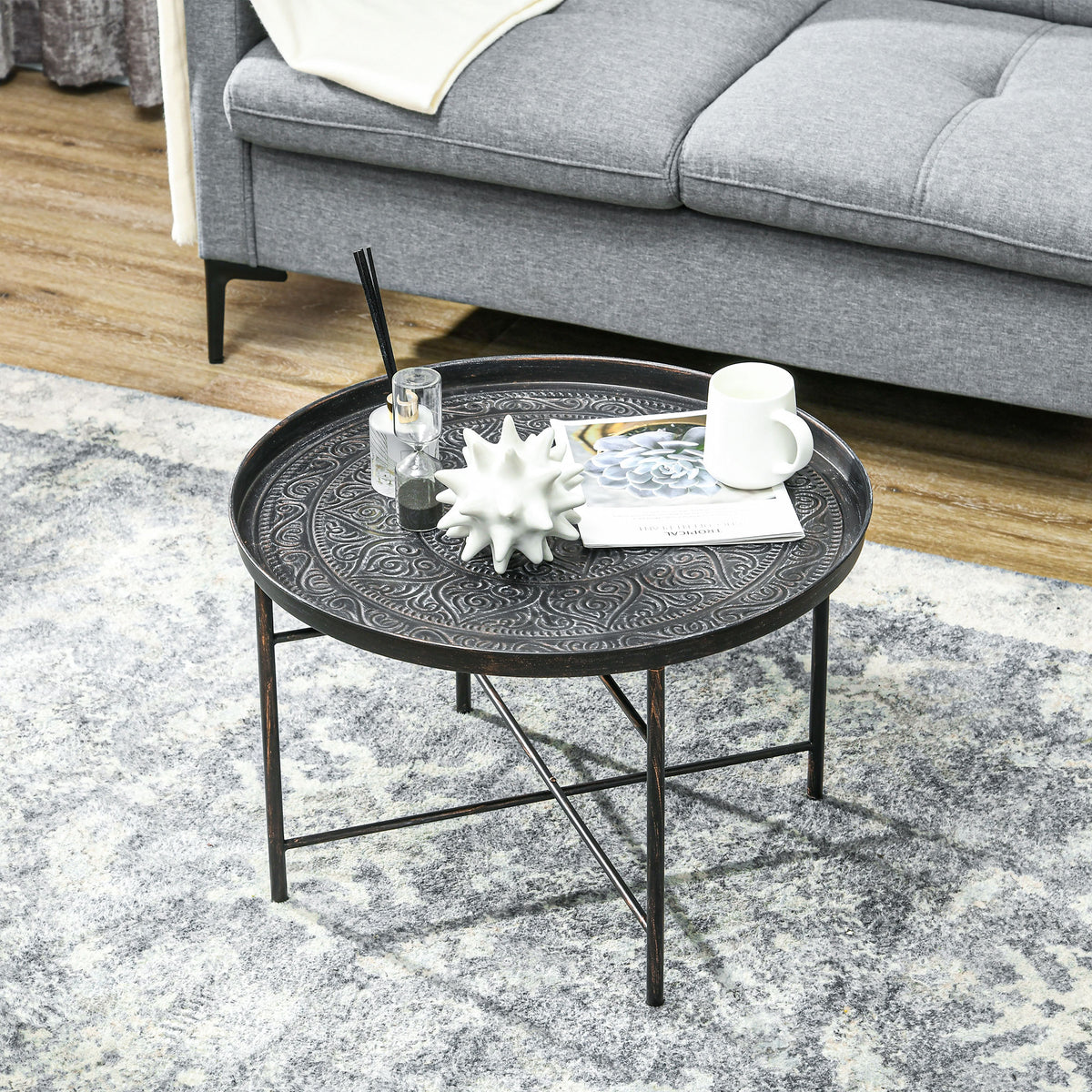 24" Round Coffee Table - Hammered Tray Top Pewter Metal-Home Furnishings > Living Room Furniture > Coffee Tables-DECOROLALA