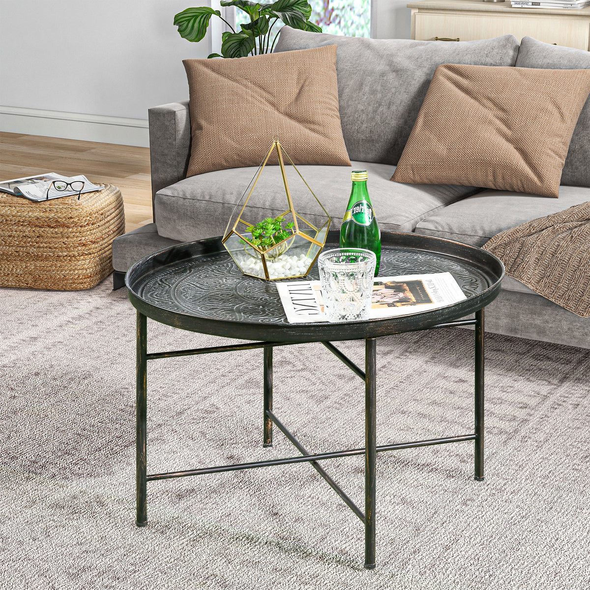 24" Round Coffee Table - Hammered Tray Top Pewter Metal-Home Furnishings > Living Room Furniture > Coffee Tables-DECOROLALA