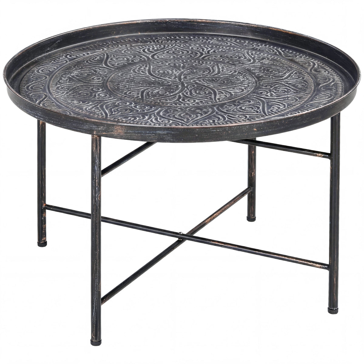 24" Round Coffee Table - Hammered Tray Top Pewter Metal-Home Furnishings > Living Room Furniture > Coffee Tables-DECOROLALA