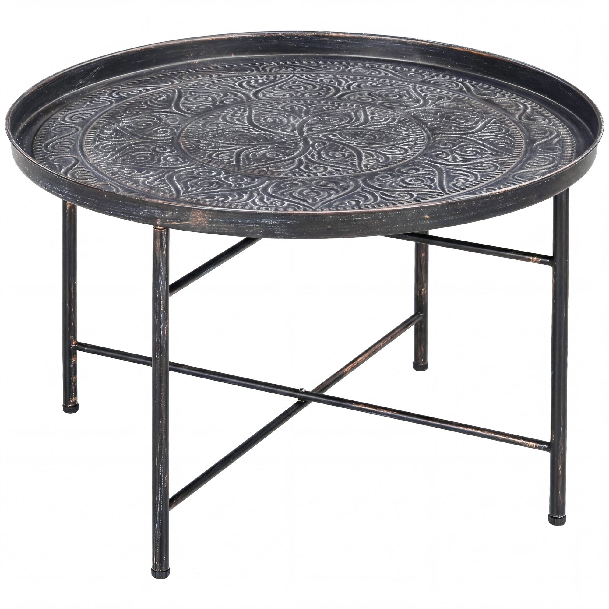 24" Round Coffee Table - Hammered Tray Top Pewter Metal-Home Furnishings > Living Room Furniture > Coffee Tables-DECOROLALA