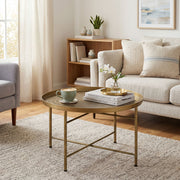 24" Round Hammered Coffee Table - Gold Boho Metal Frame-Coffee Tables-DECOROLALA