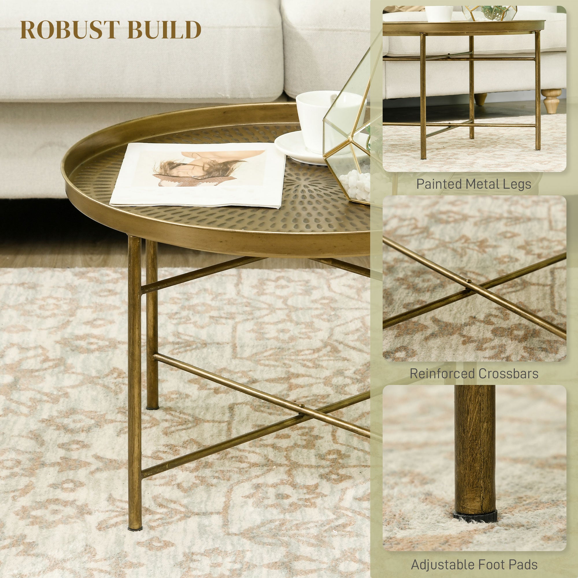 24" Round Hammered Coffee Table - Gold Boho Metal Frame-Home Furnishings > Living Room Furniture > Coffee Tables-DECOROLALA