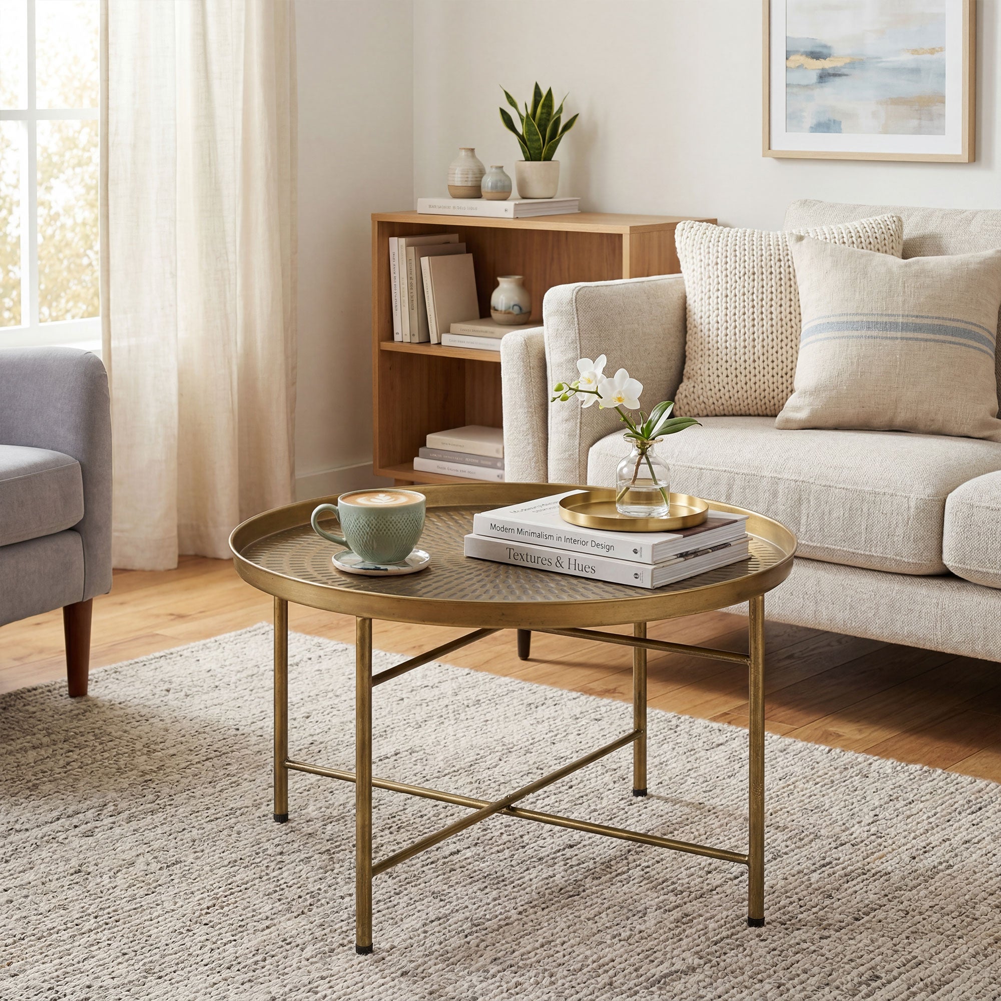 24" Round Hammered Coffee Table - Gold Boho Metal Frame-Home Furnishings > Living Room Furniture > Coffee Tables-DECOROLALA