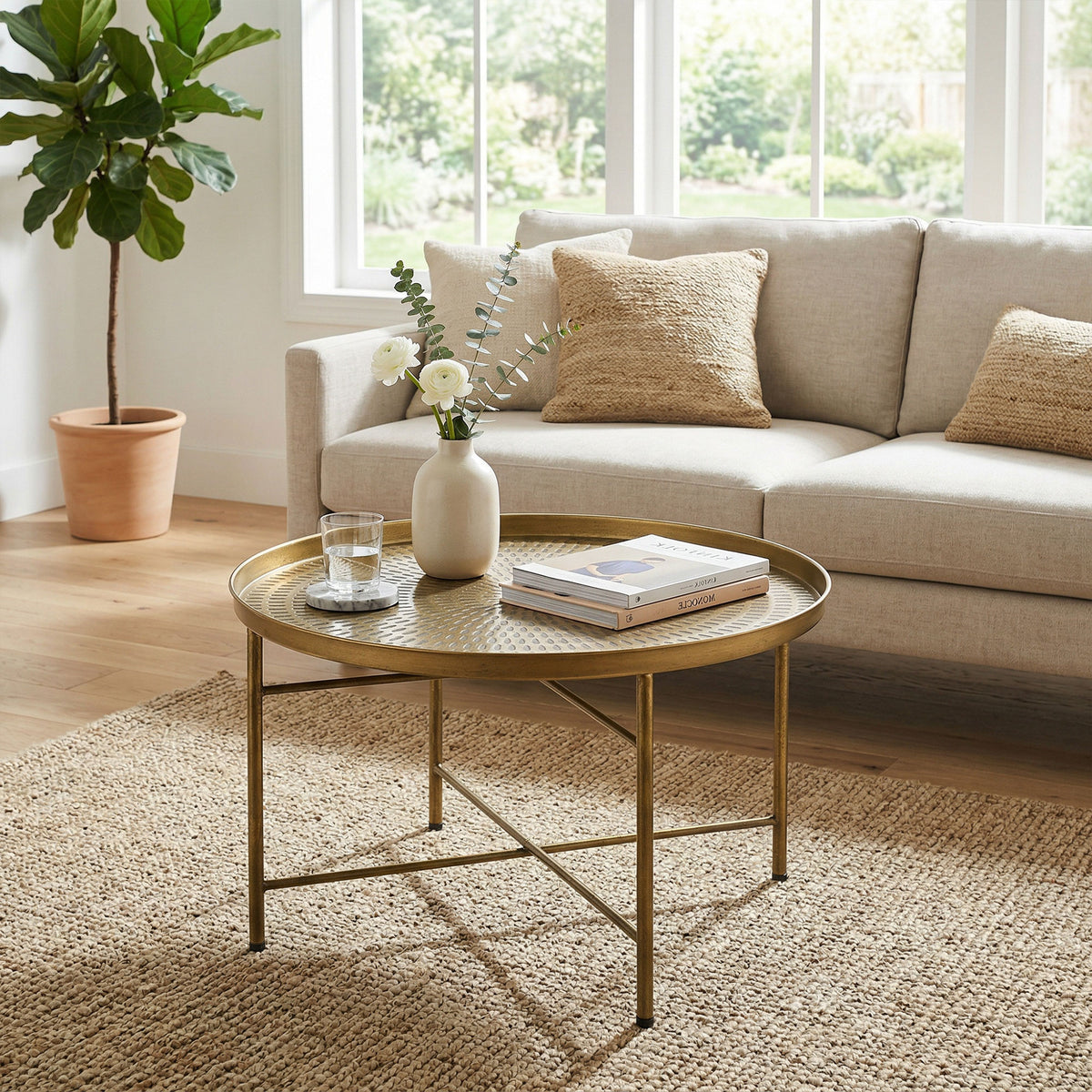 24" Round Hammered Coffee Table - Gold Boho Metal Frame-Home Furnishings > Living Room Furniture > Coffee Tables-DECOROLALA