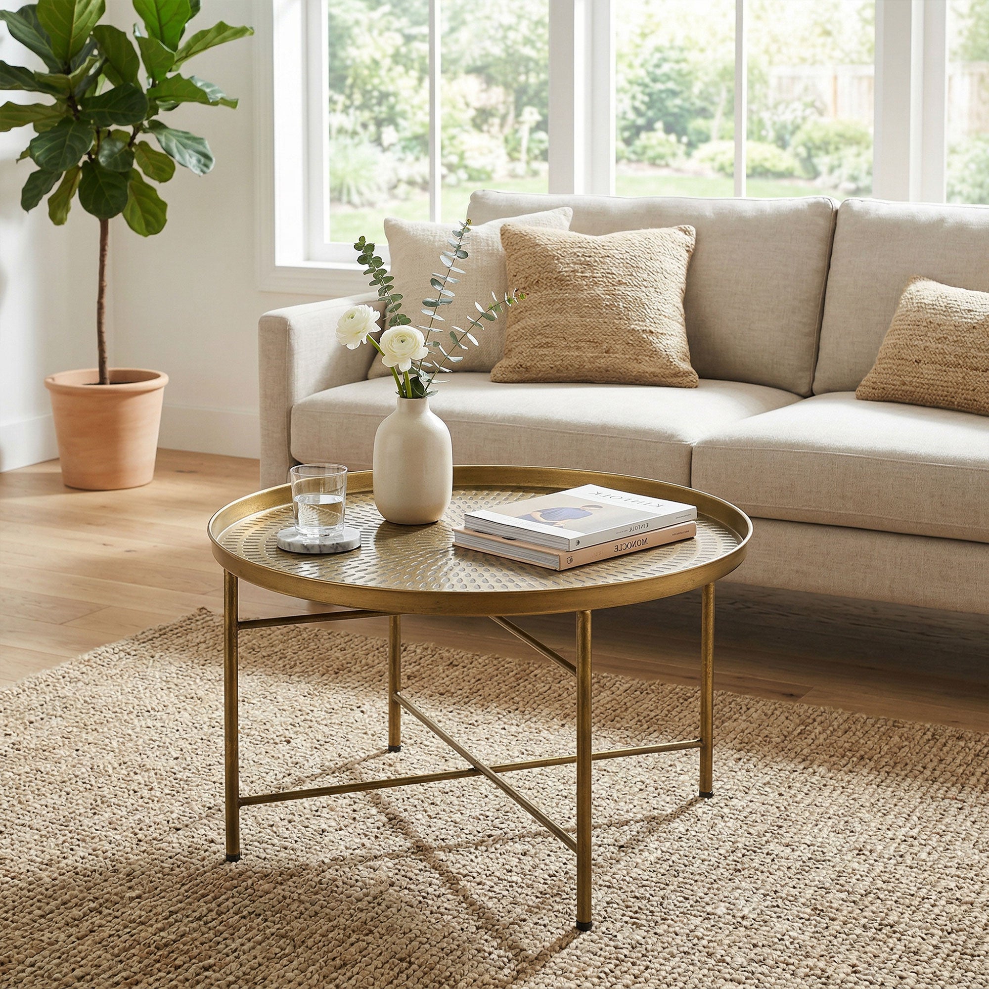 24" Round Hammered Coffee Table - Gold Boho Metal Frame-Home Furnishings > Living Room Furniture > Coffee Tables-DECOROLALA