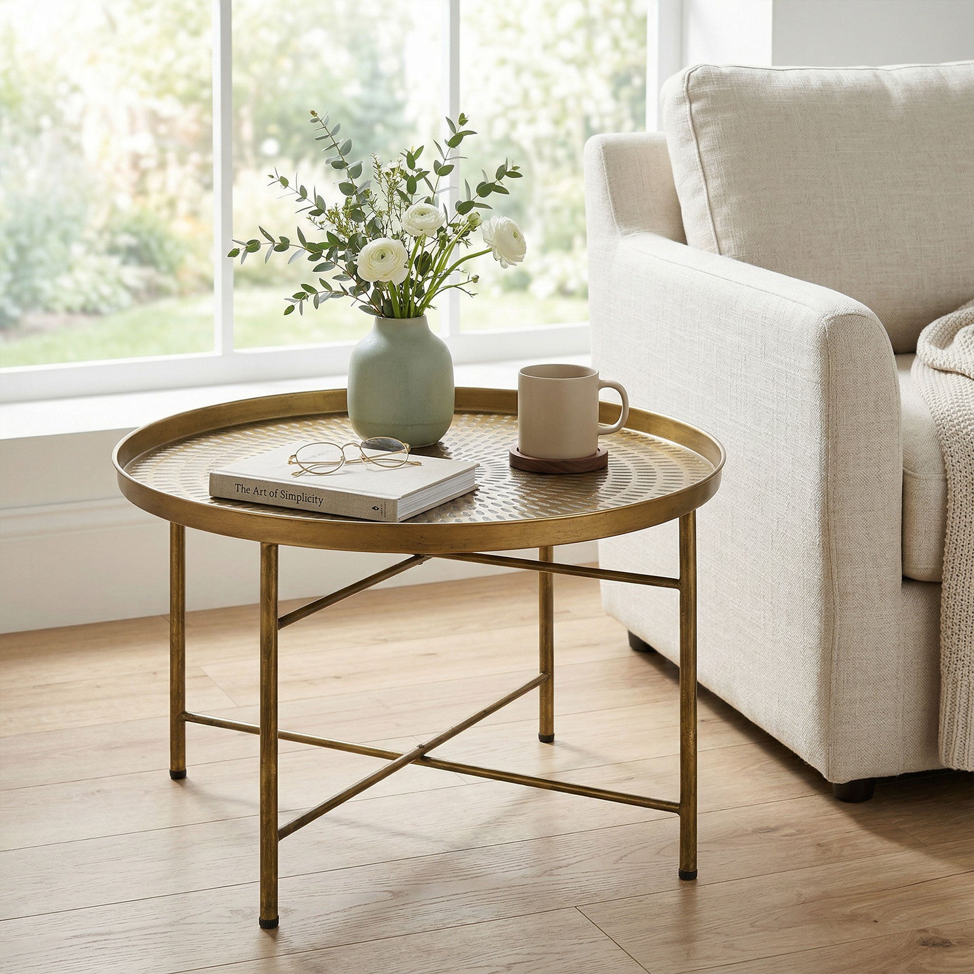 24" Round Hammered Coffee Table - Gold Boho Metal Frame-Home Furnishings > Living Room Furniture > Coffee Tables-DECOROLALA