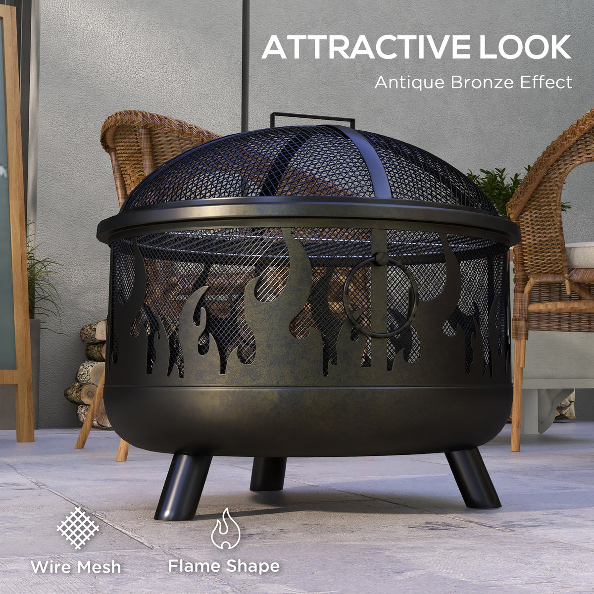 24" Round Outdoor Steel Fire Pit with Grill and Lid - Black-Fire Pits-DECOROLALA