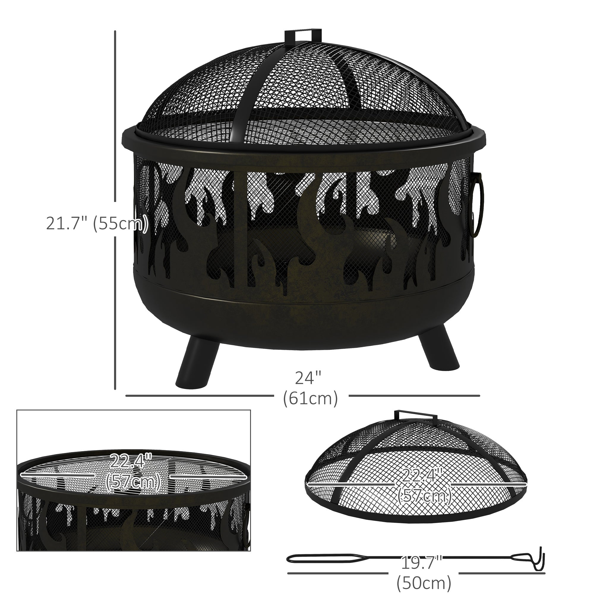 24" Round Outdoor Steel Fire Pit with Grill and Lid - Black-Patio & Garden > Fire Pits-DECOROLALA