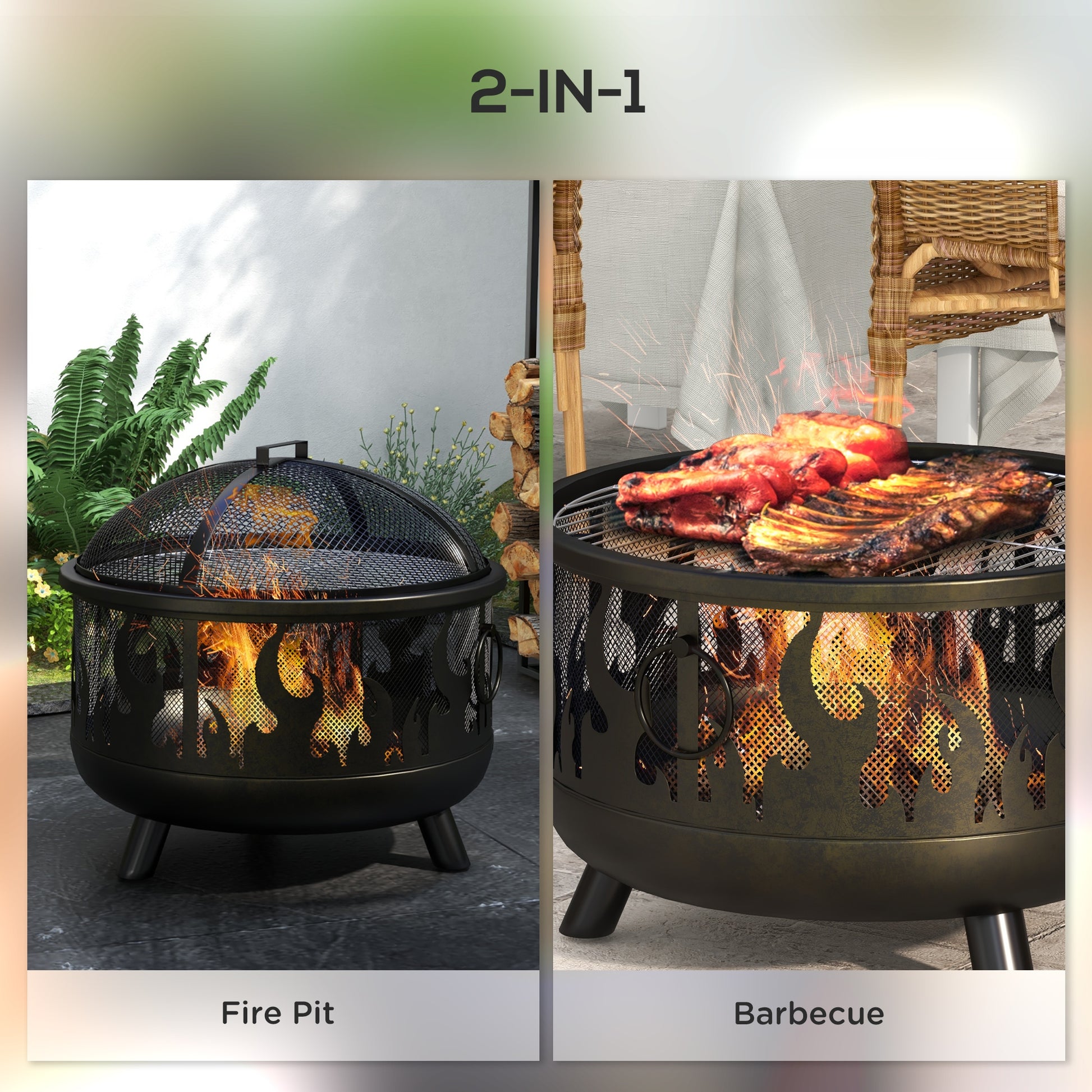 24" Round Outdoor Steel Fire Pit with Grill and Lid - Black-Patio & Garden > Fire Pits-DECOROLALA