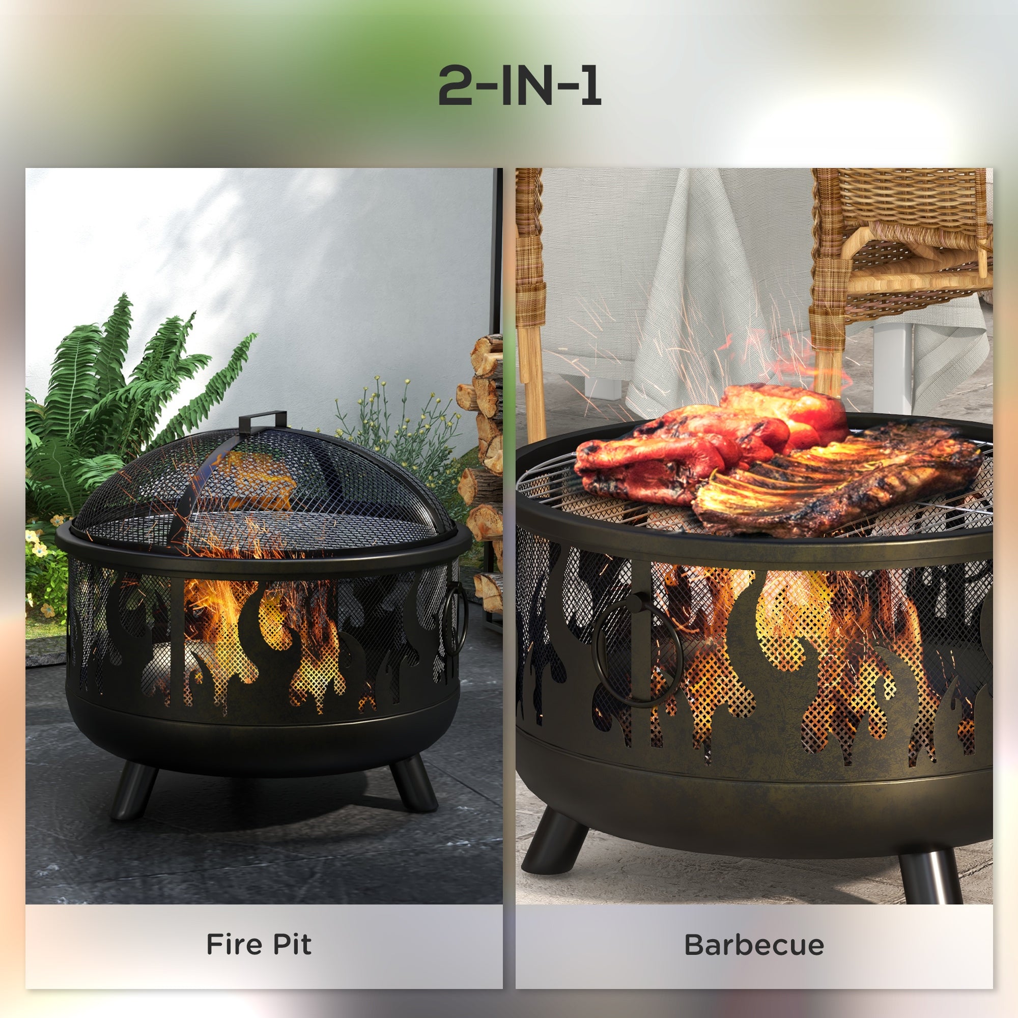 24" Round Outdoor Steel Fire Pit with Grill and Lid - Black-Patio & Garden > Fire Pits-DECOROLALA