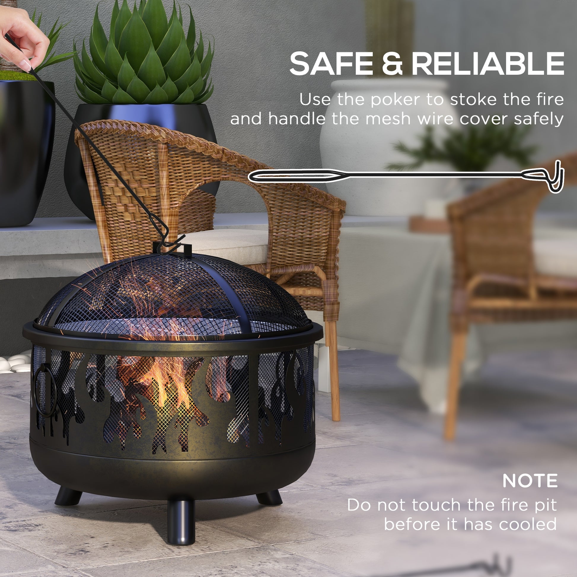 24" Round Outdoor Steel Fire Pit with Grill and Lid - Black-Patio & Garden > Fire Pits-DECOROLALA