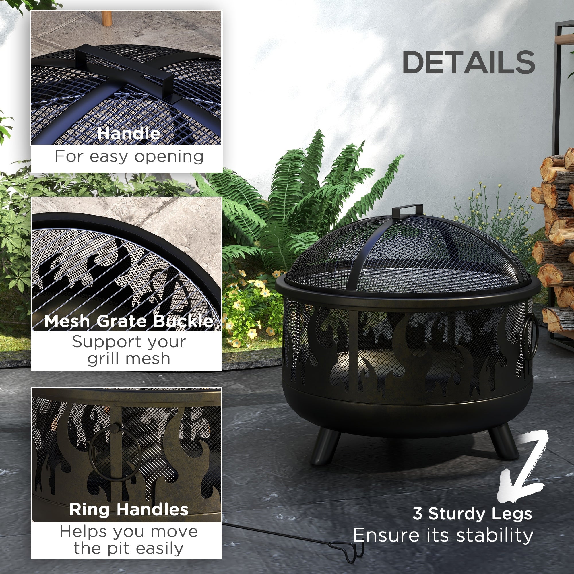 24" Round Outdoor Steel Fire Pit with Grill and Lid - Black-Patio & Garden > Fire Pits-DECOROLALA