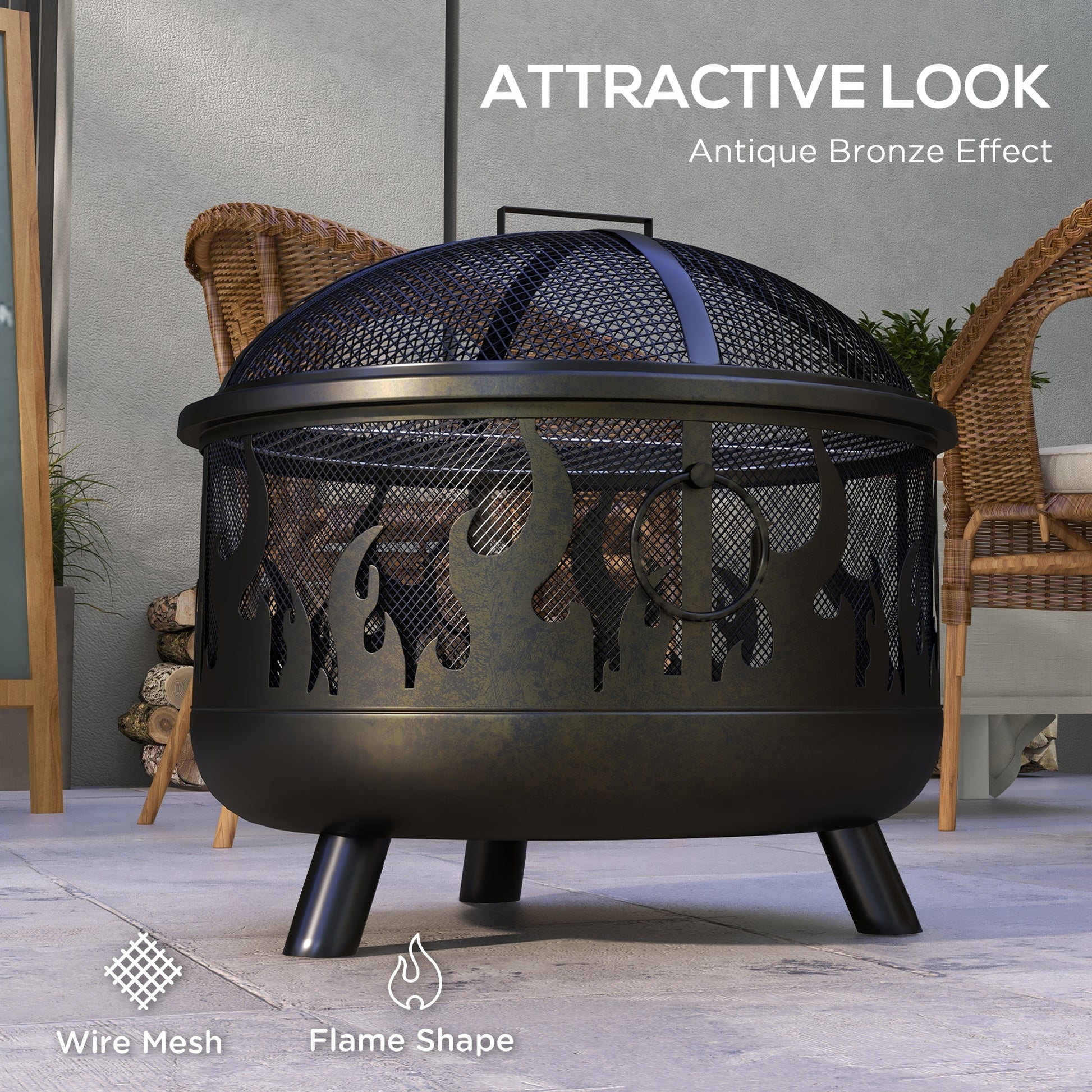 24" Round Outdoor Steel Fire Pit with Grill and Lid - Black-Patio & Garden > Fire Pits-DECOROLALA