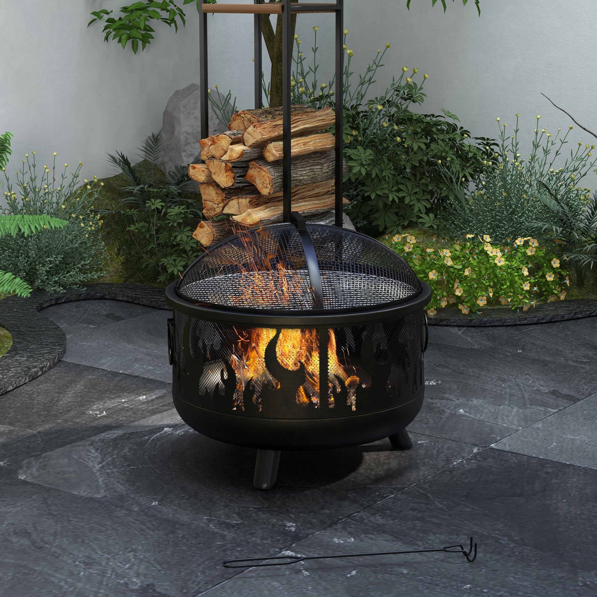 24" Round Outdoor Steel Fire Pit with Grill and Lid - Black-Patio & Garden > Fire Pits-DECOROLALA