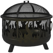 24" Round Outdoor Steel Fire Pit with Grill and Lid - Black-Patio & Garden > Fire Pits-DECOROLALA