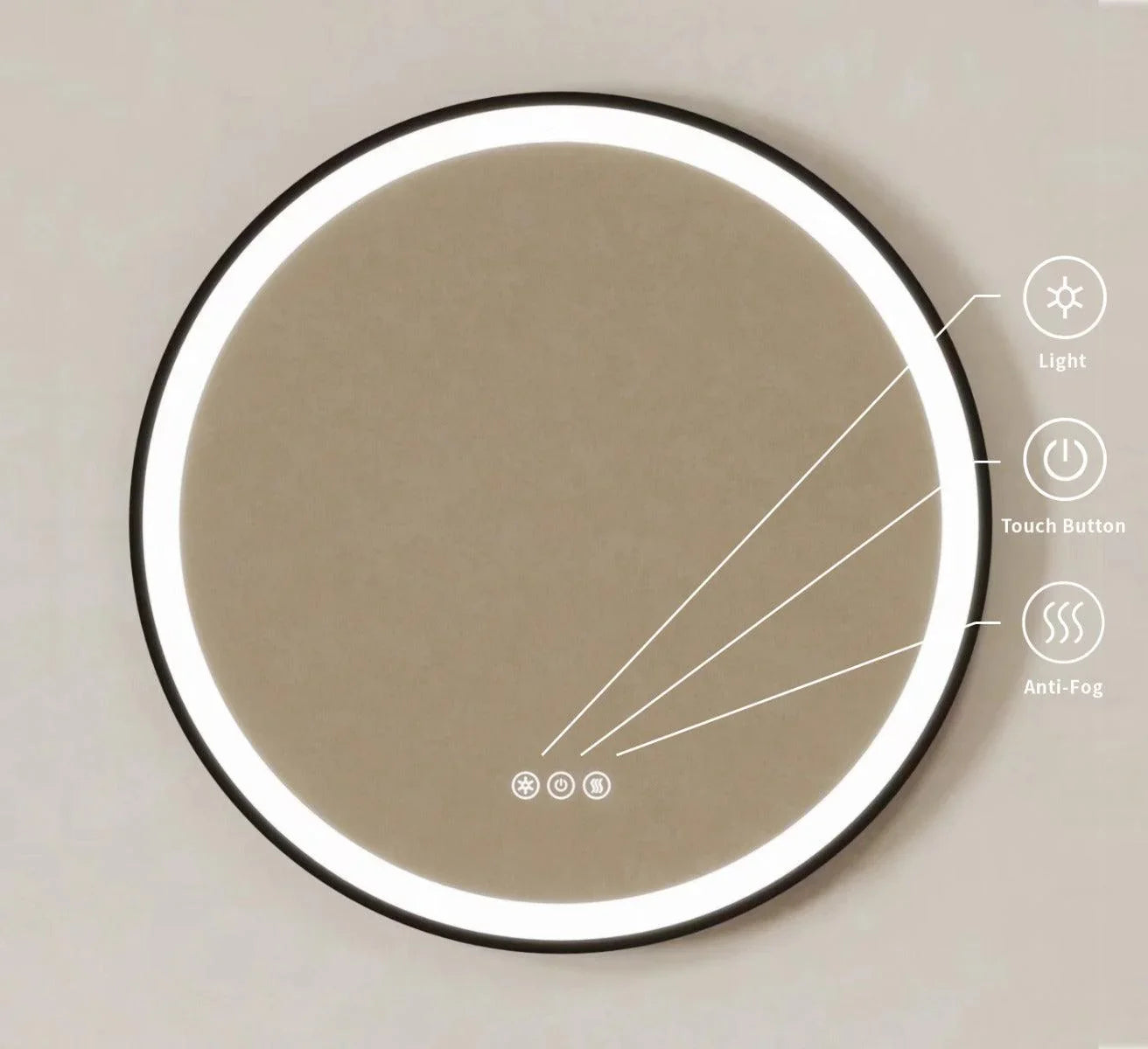 24" Round Smart LED Bathroom Mirror with Digital Clock & Temperature Display - Matte Black Frame Anti-Fog Mirror with Touch Screen Dimming Control & Energy-Saving Lighting-Migration_Mirrors-DECOROLALA