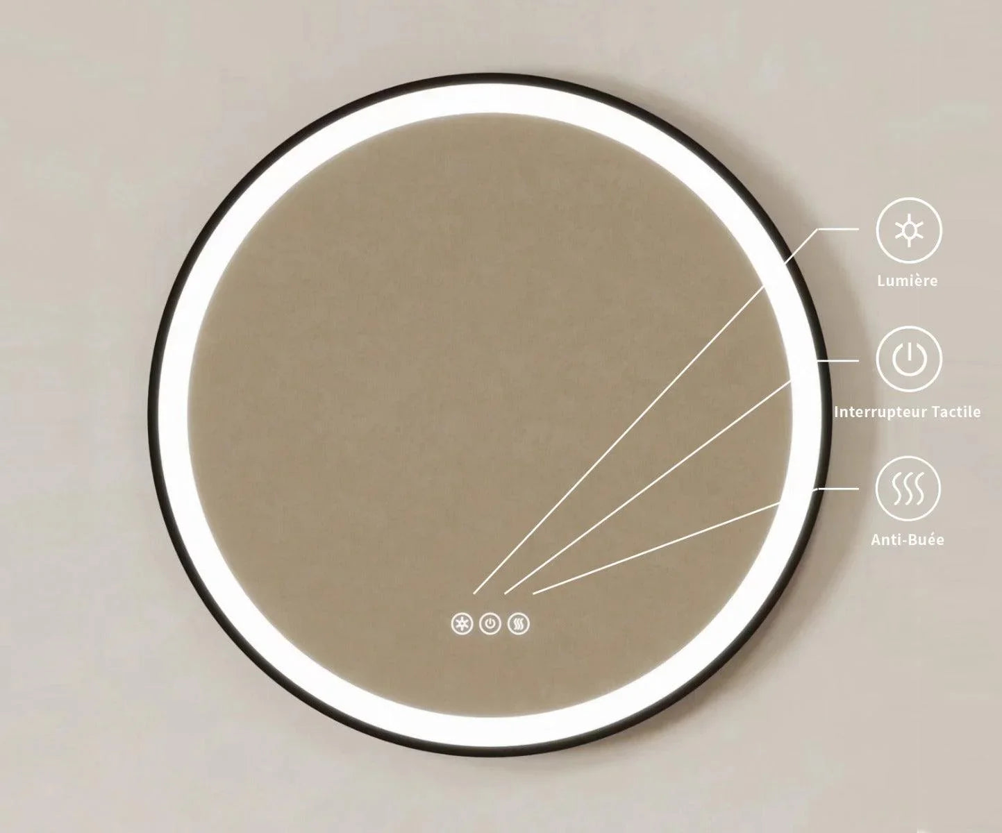 24" Round Smart LED Bathroom Mirror with Digital Clock & Temperature Display - Matte Black Frame Anti-Fog Mirror with Touch Screen Dimming Control & Energy-Saving Lighting-Migration_Mirrors-DECOROLALA