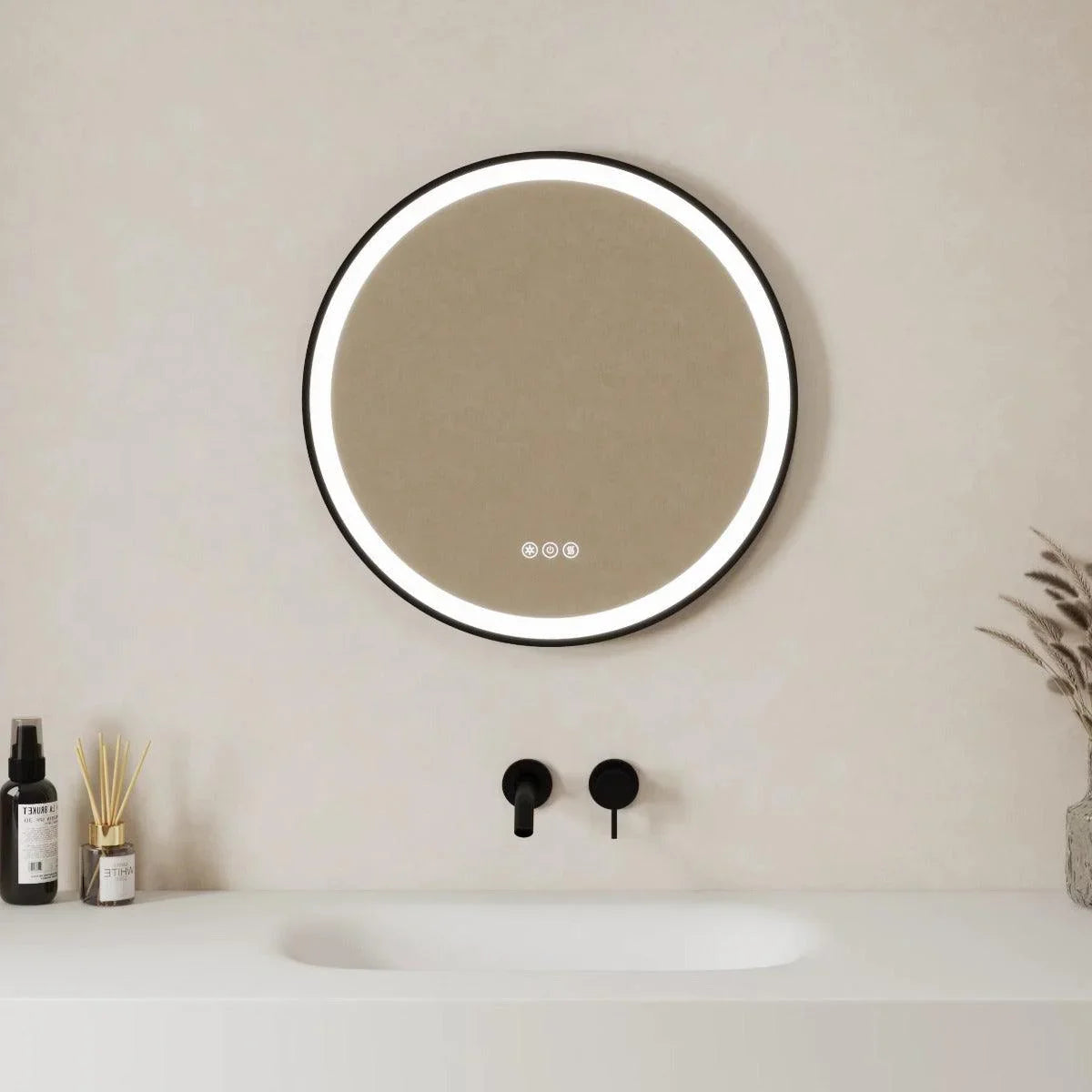 24" Round Smart LED Bathroom Mirror with Digital Clock & Temperature Display - Matte Black Frame Anti-Fog Mirror with Touch Screen Dimming Control & Energy-Saving Lighting-Migration_Mirrors-DECOROLALA