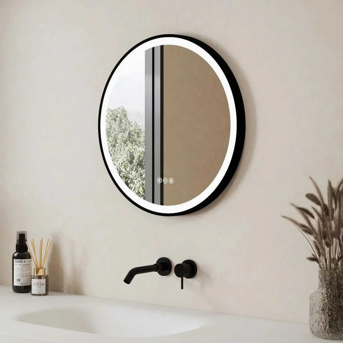 24" Round Smart LED Bathroom Mirror with Digital Clock & Temperature Display - Matte Black Frame Anti-Fog Mirror with Touch Screen Dimming Control & Energy-Saving Lighting-Migration_Mirrors-DECOROLALA
