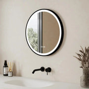 24" Round Smart LED Bathroom Mirror with Digital Clock & Temperature Display - Matte Black Frame Anti-Fog Mirror with Touch Screen Dimming Control & Energy-Saving Lighting-Migration_Mirrors-DECOROLALA