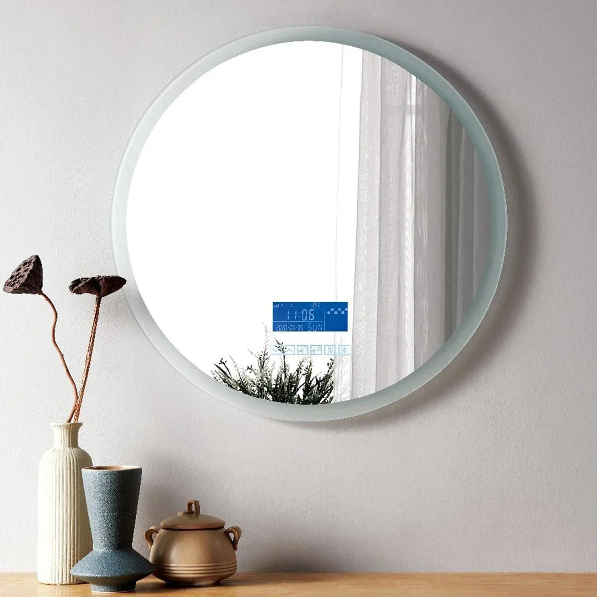 24" Round Smart LED Bathroom Mirror with Touch Screen, Bluetooth & Frosted Edge Lighting-Migration_Mirrors-DECOROLALA