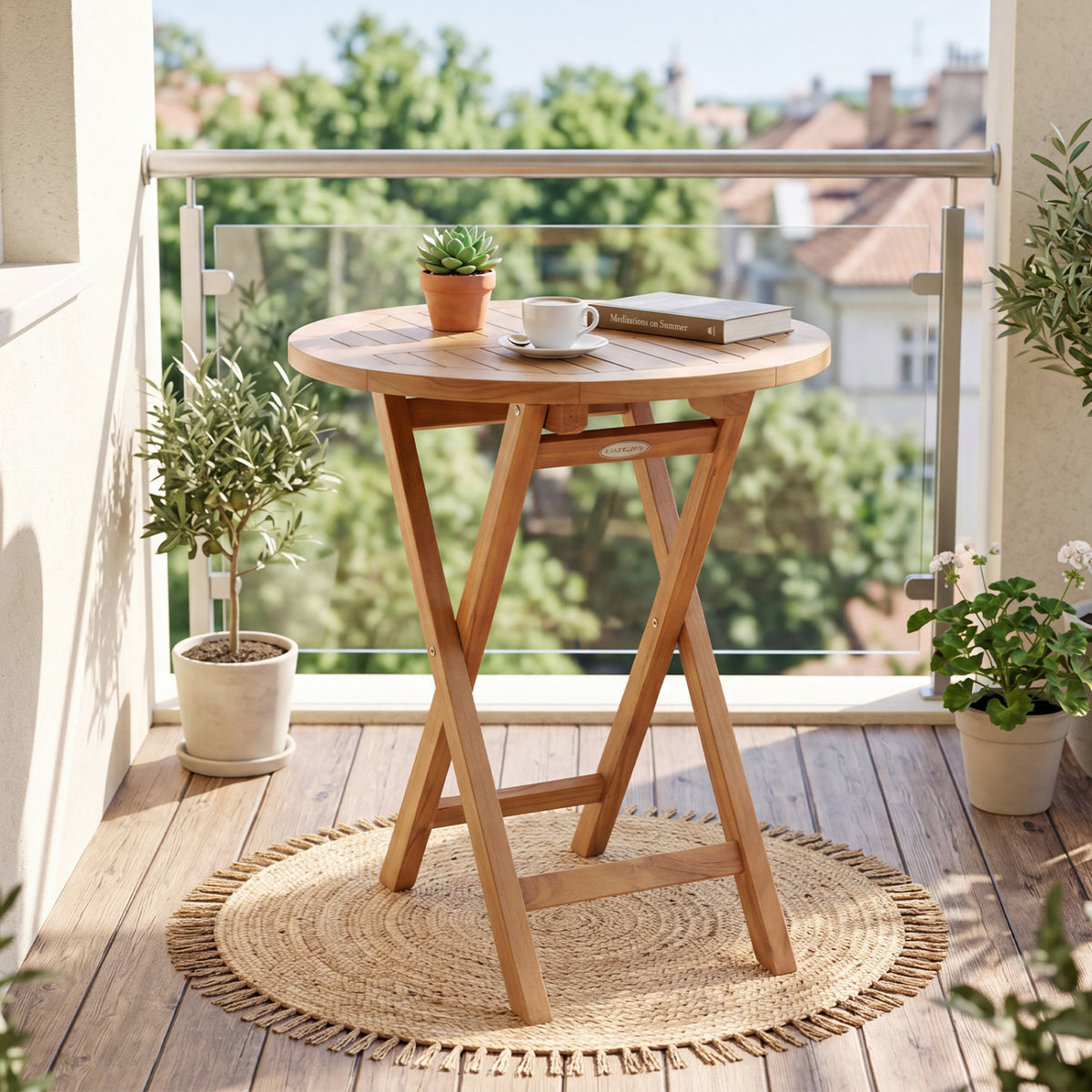 24" Round Solid Teak Outdoor Folding Bistro Table with Footrest-Patio Coffee Tables-DECOROLALA
