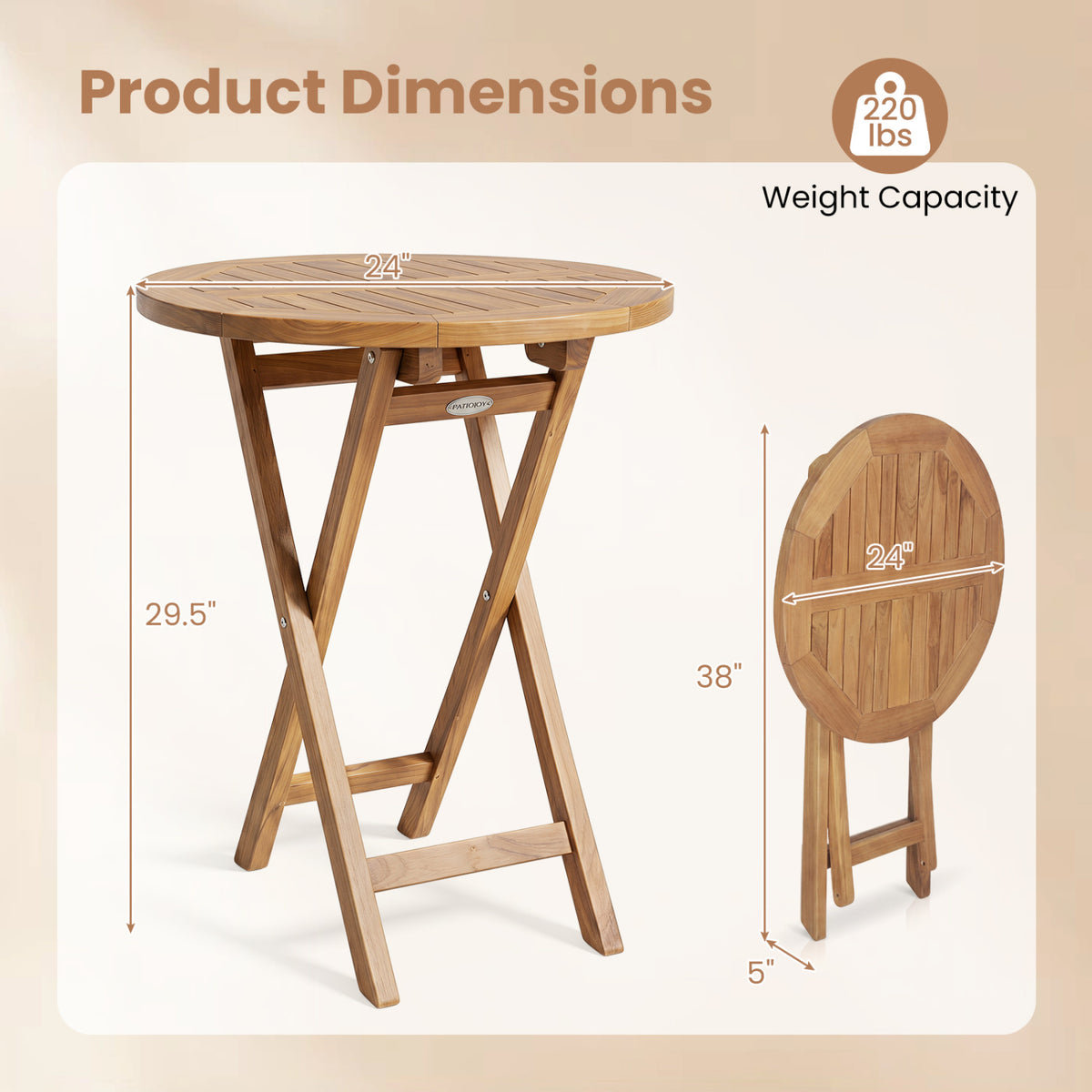 24" Round Solid Teak Outdoor Folding Bistro Table with Footrest-Patio Coffee Tables-DECOROLALA