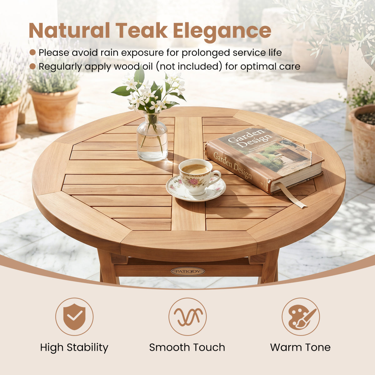 24" Round Solid Teak Outdoor Folding Bistro Table with Footrest-Patio Coffee Tables-DECOROLALA