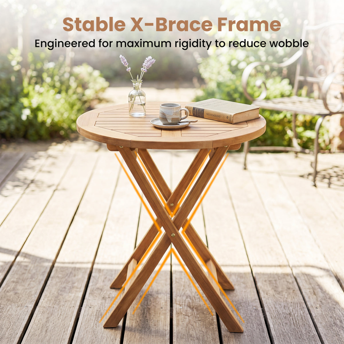 24" Round Solid Teak Outdoor Folding Bistro Table with Footrest-Patio Coffee Tables-DECOROLALA