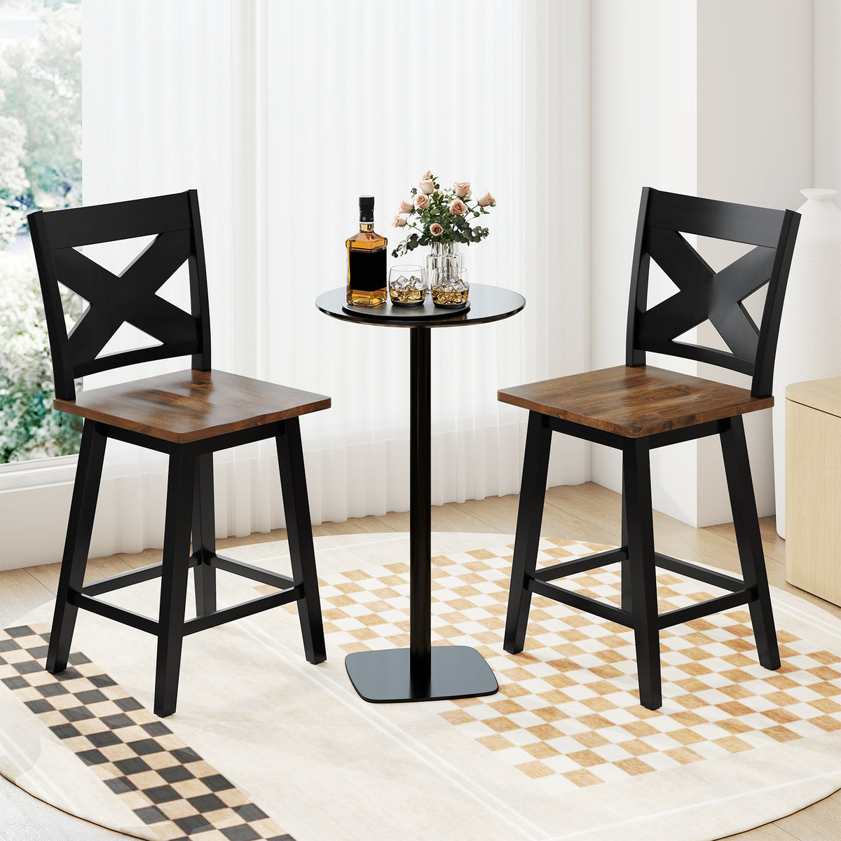 24" Rubberwood Swivel Barstools Set of 2 with Backrest and Large Seat-Black-Bar Stools-DECOROLALA