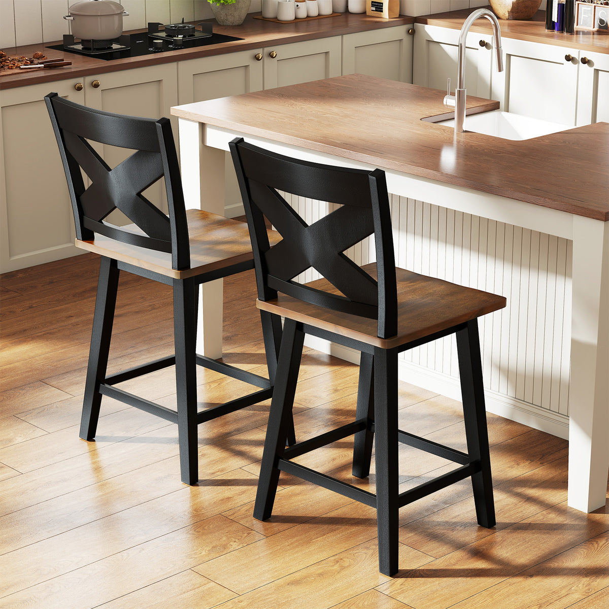 24" Rubberwood Swivel Barstools Set of 2 with Backrest and Large Seat-Black-Bar Stools-DECOROLALA