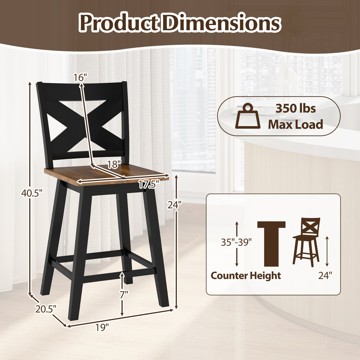24" Rubberwood Swivel Barstools Set of 2 with Backrest and Large Seat-Black-Bar Stools-DECOROLALA