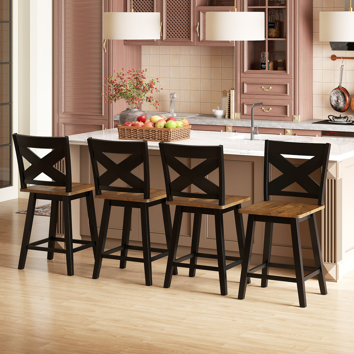 24" Rubberwood Swivel Barstools Set of 2 with Backrest and Large Seat-Black-Bar Stools-DECOROLALA