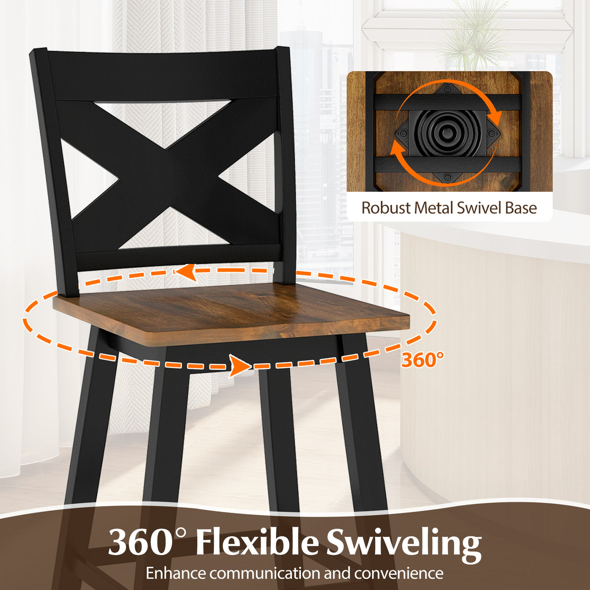 24" Rubberwood Swivel Barstools Set of 2 with Backrest and Large Seat-Black-Bar Stools-DECOROLALA