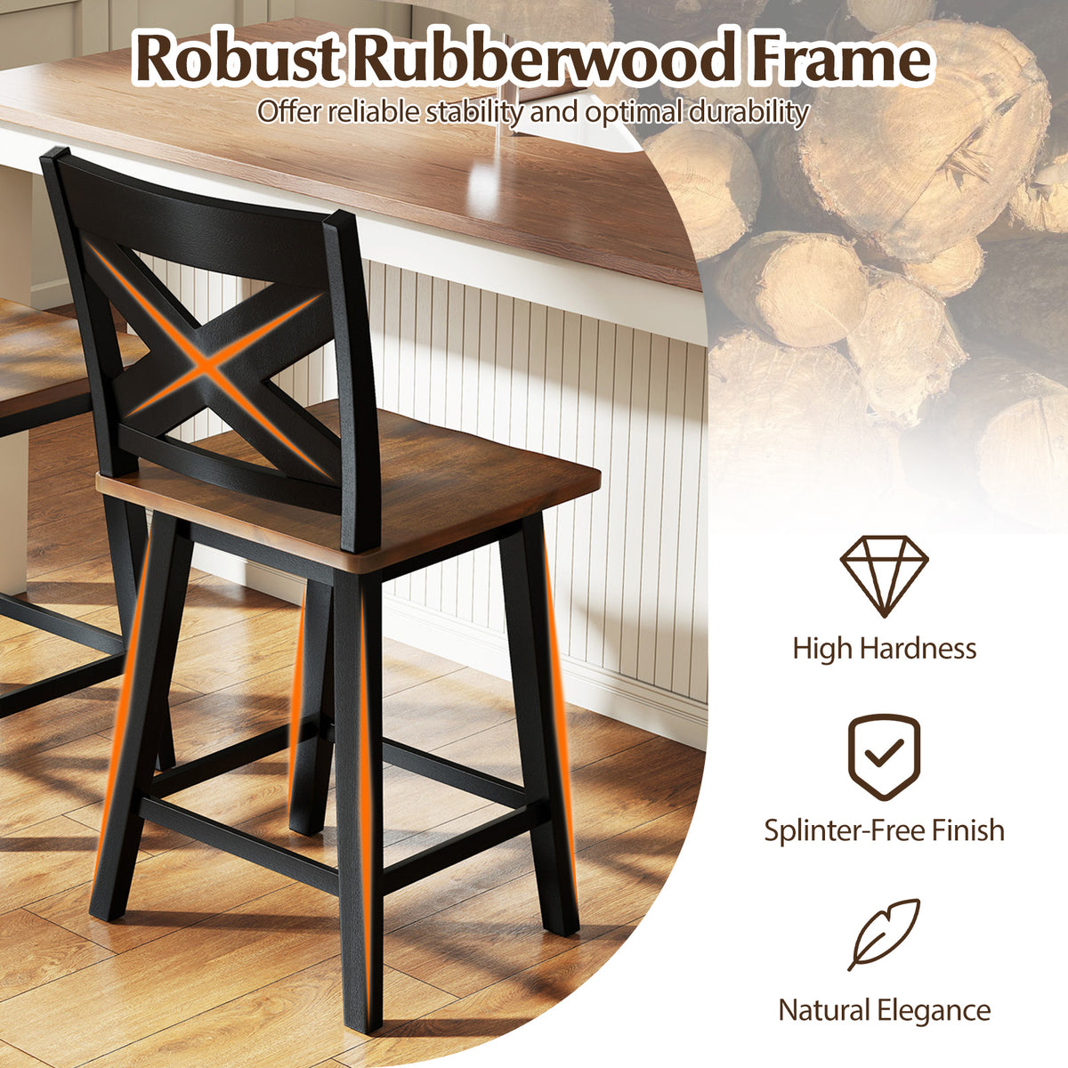 24" Rubberwood Swivel Barstools Set of 2 with Backrest and Large Seat-Black-Bar Stools-DECOROLALA