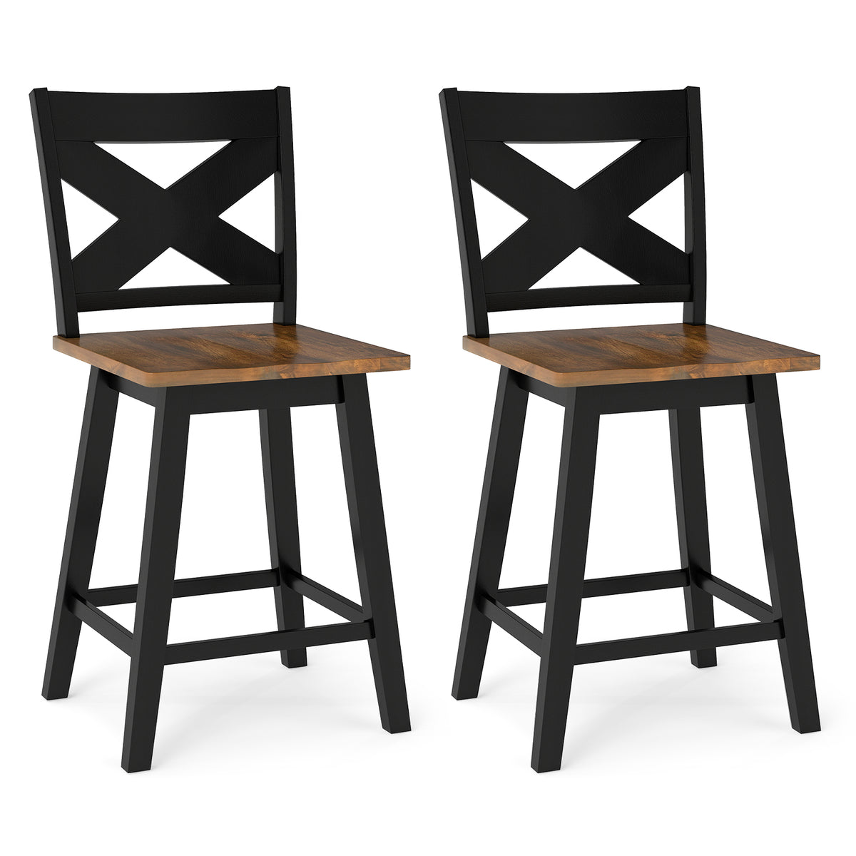 24" Rubberwood Swivel Barstools Set of 2 with Backrest and Large Seat-Black-Bar Stools-DECOROLALA