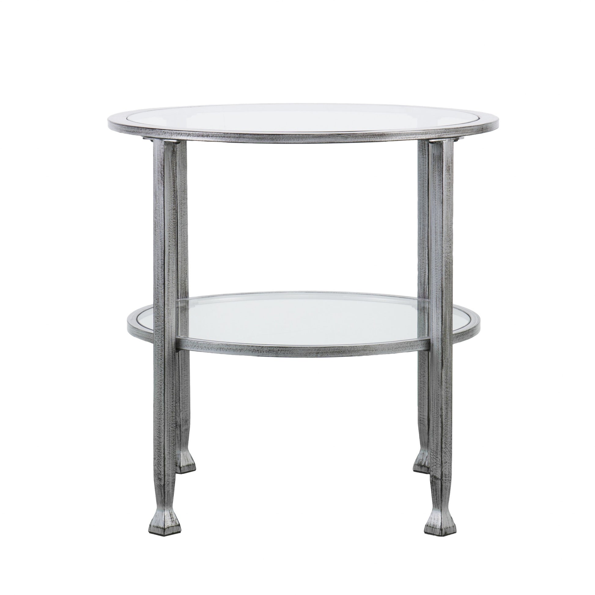 24" Silver And Clear Glass And Distressed Iron Round End Table With Shelf-End-Side Tables-DECOROLALA