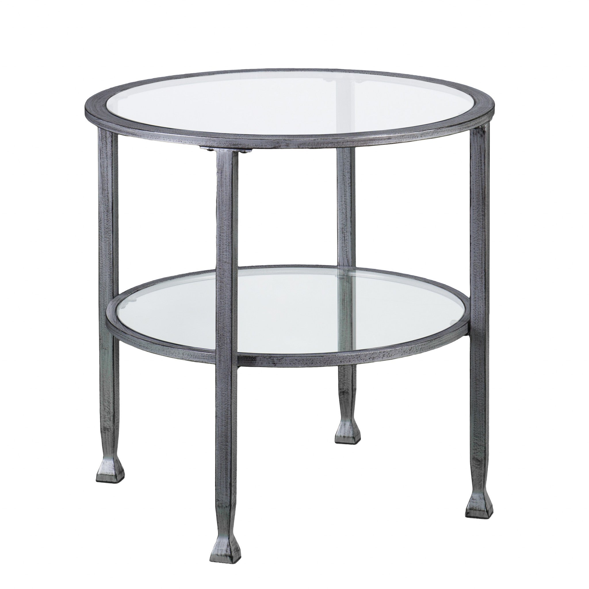 24" Silver And Clear Glass And Distressed Iron Round End Table With Shelf-End-Side Tables-DECOROLALA