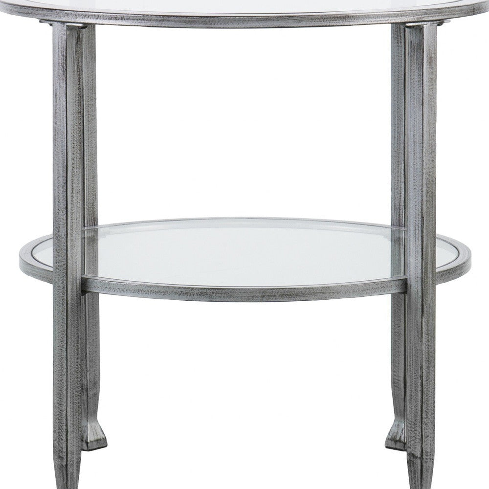 24" Silver And Clear Glass And Distressed Iron Round End Table With Shelf-End-Side Tables-DECOROLALA