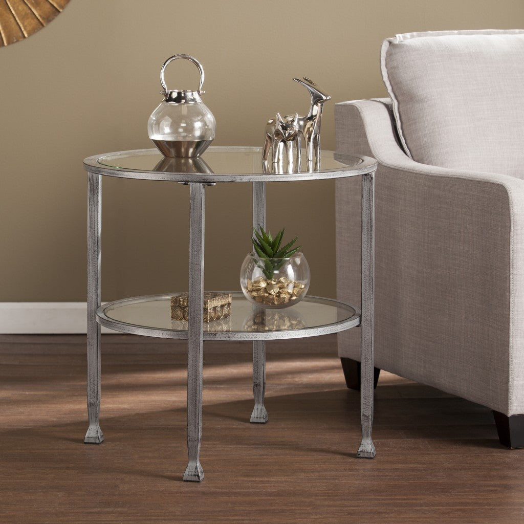 24" Silver And Clear Glass And Distressed Iron Round End Table With Shelf-End-Side Tables-DECOROLALA
