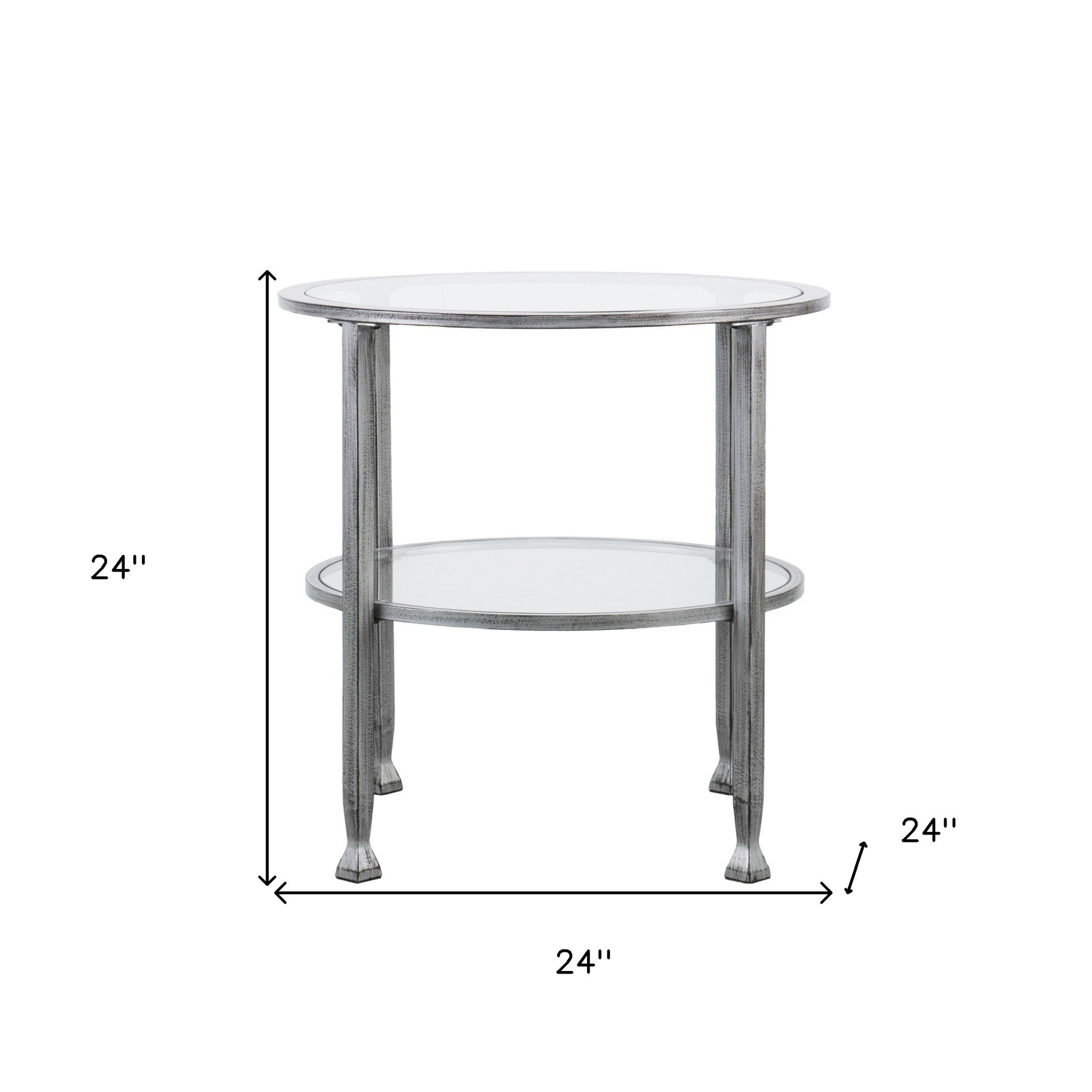 24" Silver And Clear Glass And Distressed Iron Round End Table With Shelf-End-Side Tables-DECOROLALA