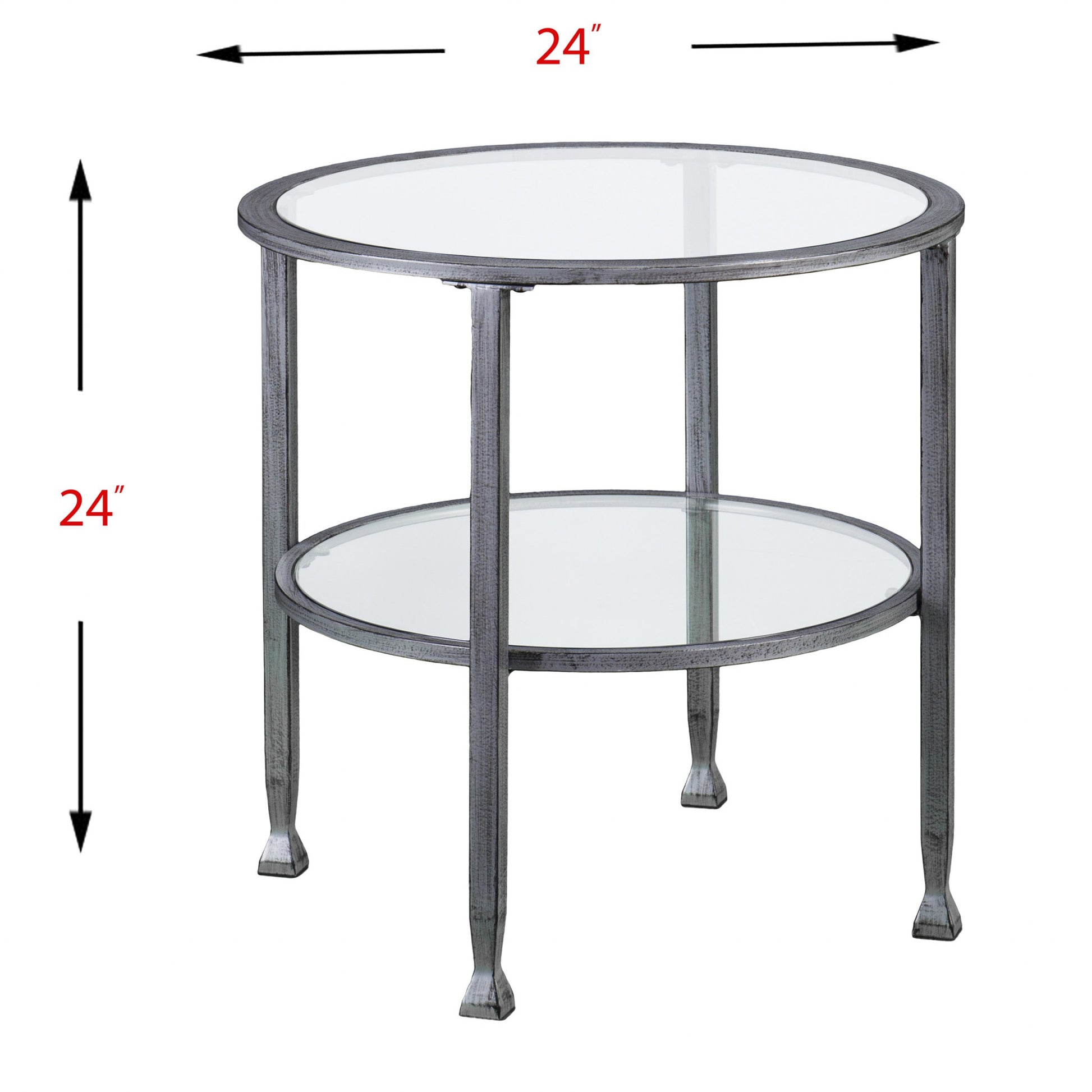 24" Silver And Clear Glass And Distressed Iron Round End Table With Shelf-End-Side Tables-DECOROLALA