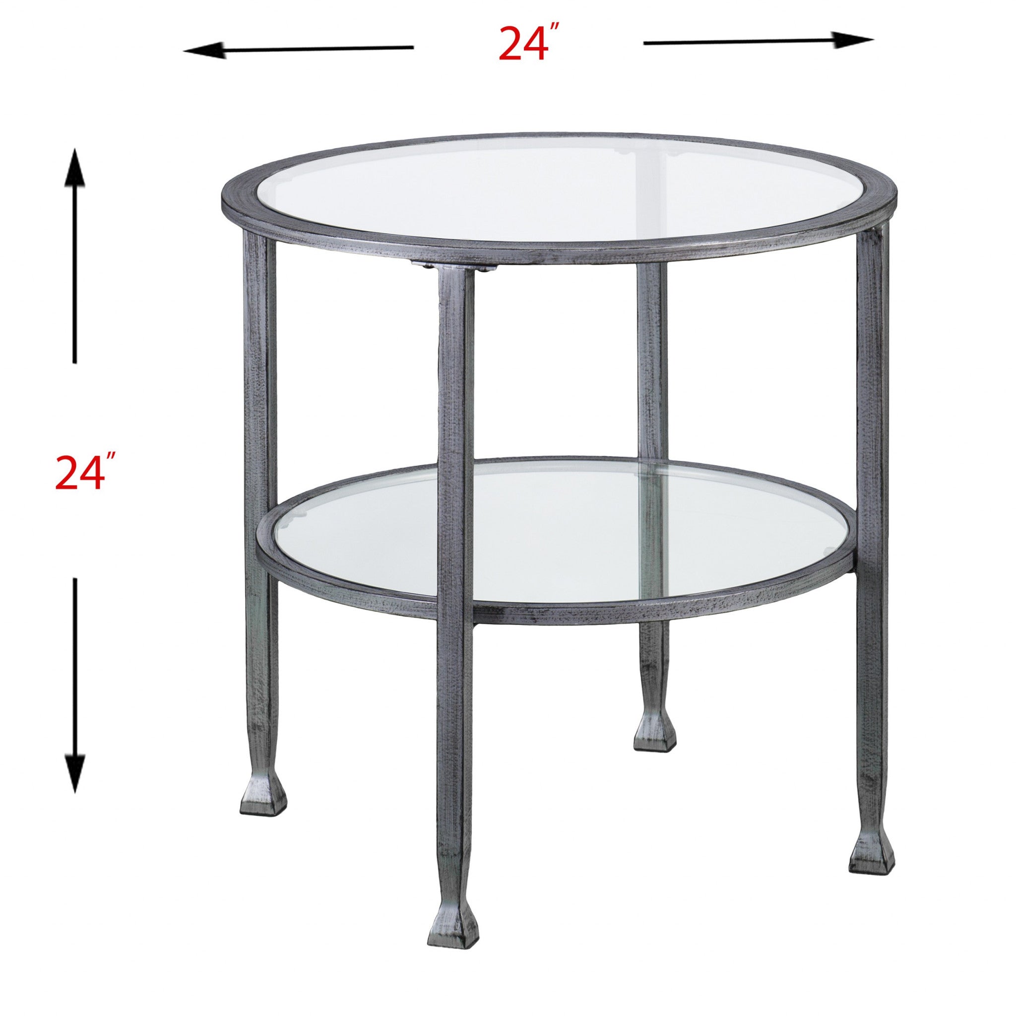24" Silver And Clear Glass And Distressed Iron Round End Table With Shelf-End-Side Tables-DECOROLALA
