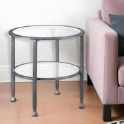 24" Silver And Clear Glass And Distressed Iron Round End Table With Shelf-End-Side Tables-DECOROLALA